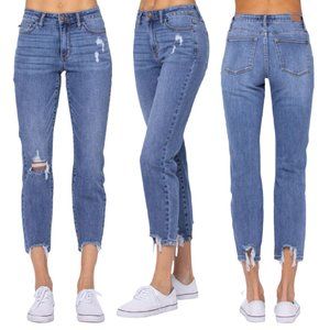 Judy Blue Mid Rise Destructed Hem Slim Fit Jeans